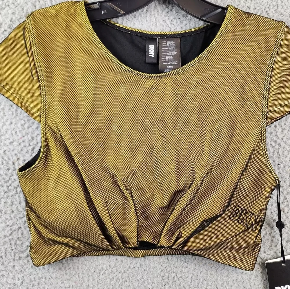 DKNY Cropped Mesh Overlay Bikini Swim Top Cumin Yellow Medium NWT